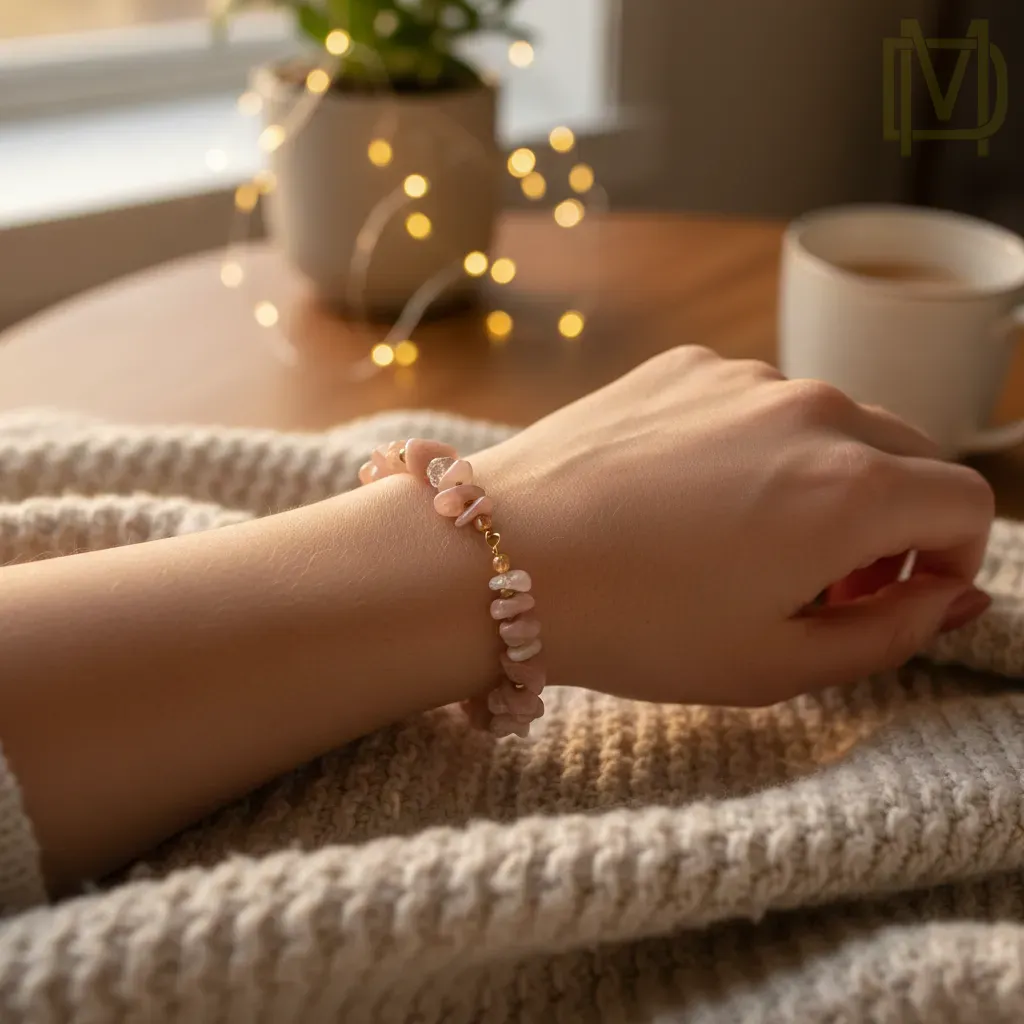 Rozenkwarts armband gedragen bij een kop thee