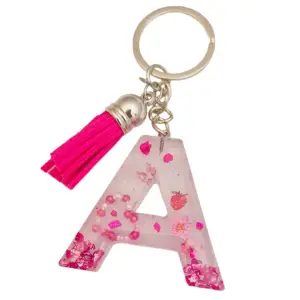 Letter sleutelhanger A van roze glitter-resin met roze kwastje